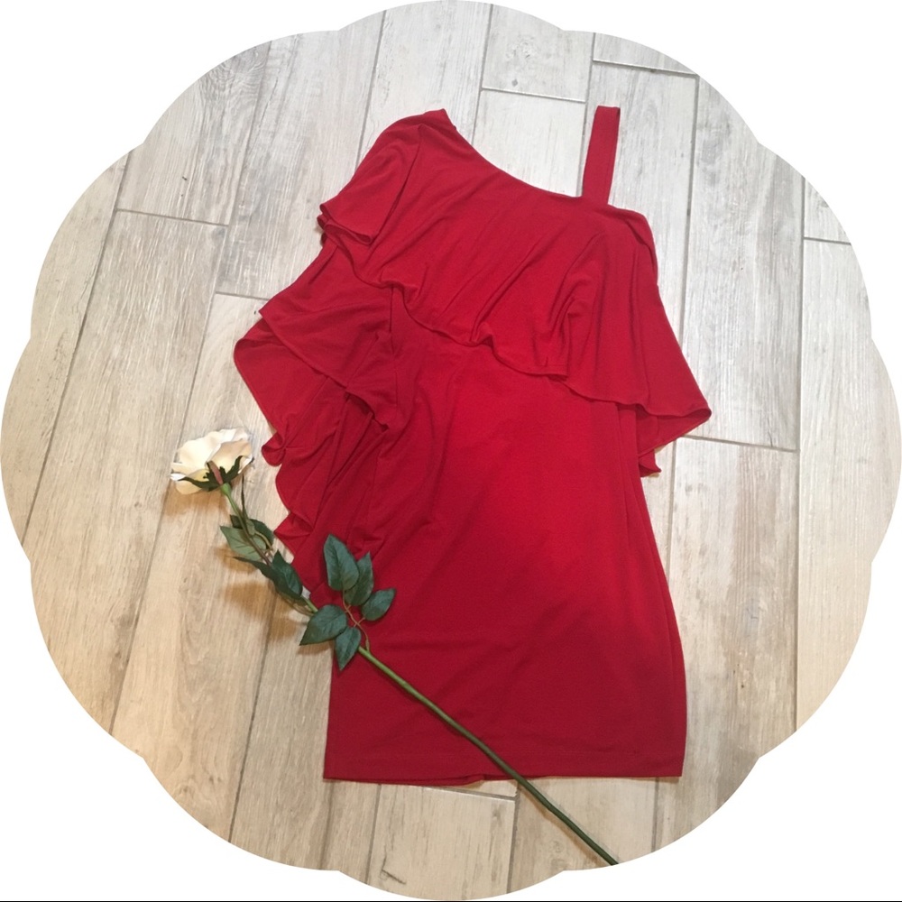 London Times Red One Shoulder Draped Dress